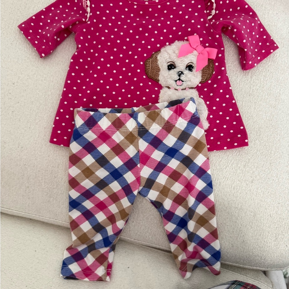 Pink Polka Dot Puppy Outfit with Plaid Pants